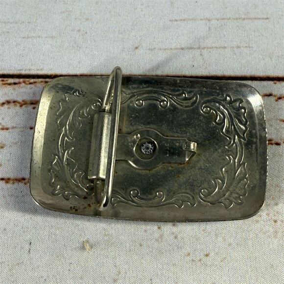 Vintage Western Floral Engraved Silver Tone Saddle Belt Buckle - Picture 2 of 2